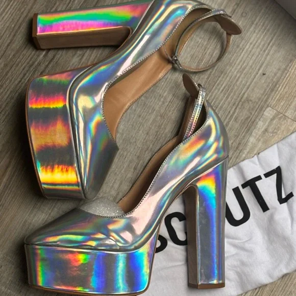 NEW Schutz Renee Ankle Strap Platform Pump Hologram Heels